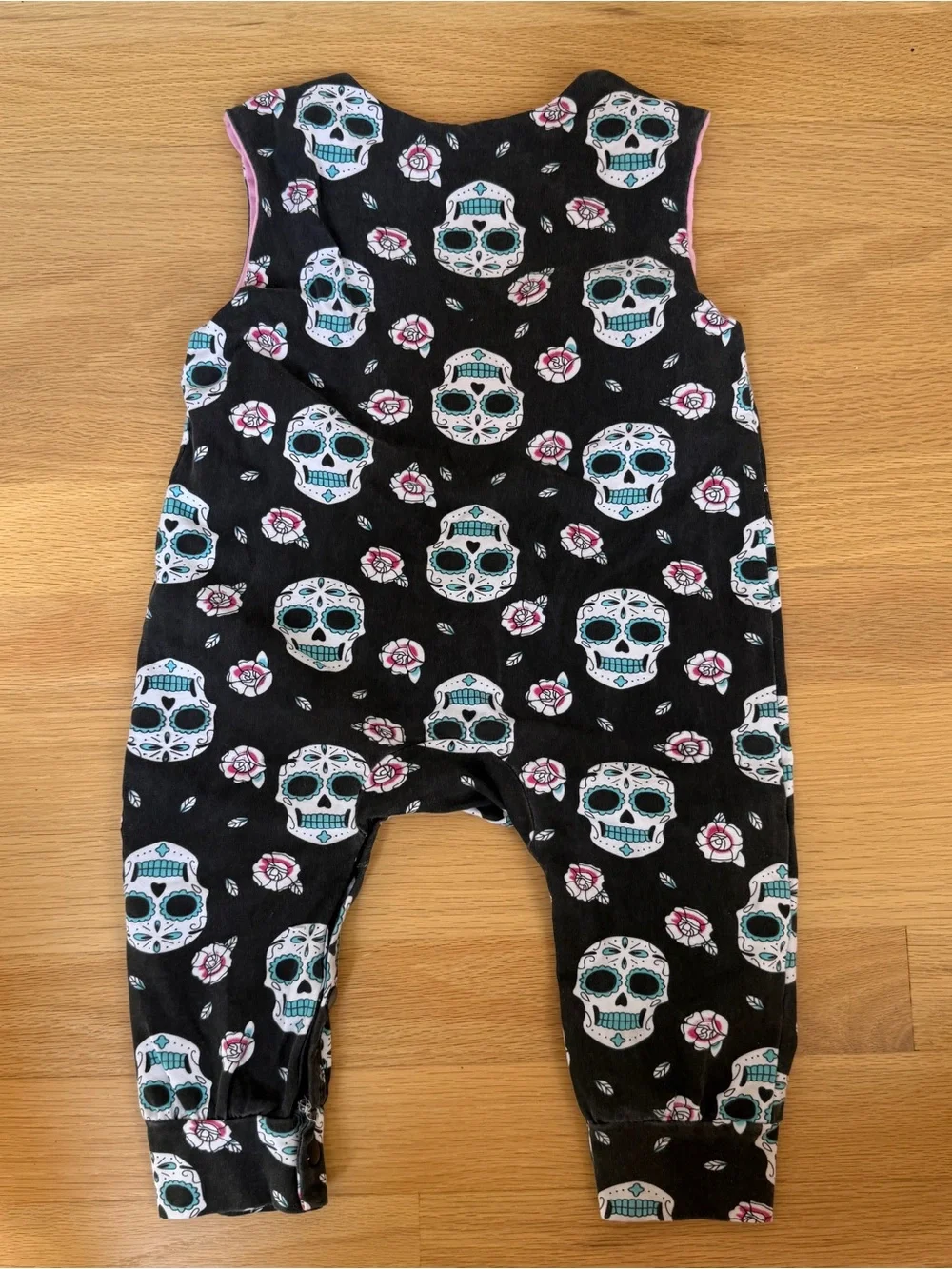 Kids Black Sugar Skull One-Piece Romper with Pink Accents